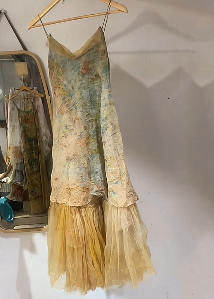 New Yellow V Neck Tulle Patchwork Spaghetti Strap Dress Sleeveless KK093 SH-LF-SDL240602