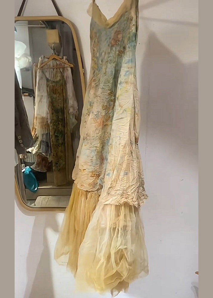 New Yellow V Neck Tulle Patchwork Spaghetti Strap Dress Sleeveless KK093 SH-LF-SDL240602