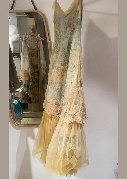 New Yellow V Neck Tulle Patchwork Spaghetti Strap Dress Sleeveless KK093 SH-LF-SDL240602