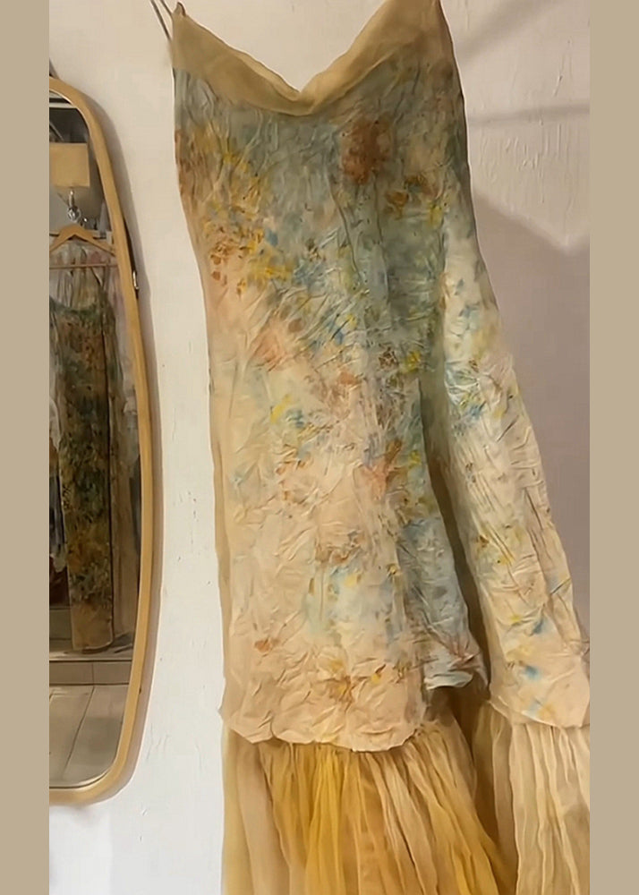 New Yellow V Neck Tulle Patchwork Spaghetti Strap Dress Sleeveless KK093 SH-LF-SDL240602