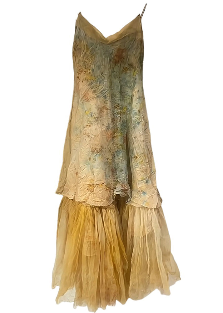 New Yellow V Neck Tulle Patchwork Spaghetti Strap Dress Sleeveless KK093 SH-LF-SDL240602