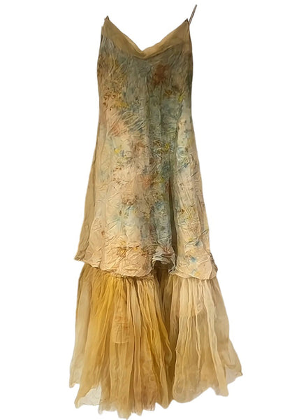 New Yellow V Neck Tulle Patchwork Spaghetti Strap Dress Sleeveless KK093 SH-LF-SDL240602