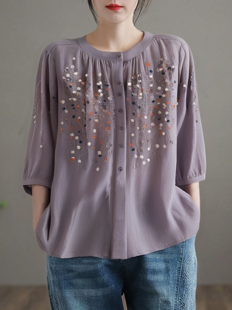 Grace Purple O Neck Embroideried Side Open Linen Blouse Spring QB032 GSK-241025