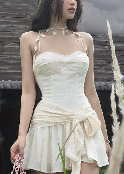 Novelty Beige Bow Original Design Cotton Mini Dresses Sleeveless YZ058 ABC