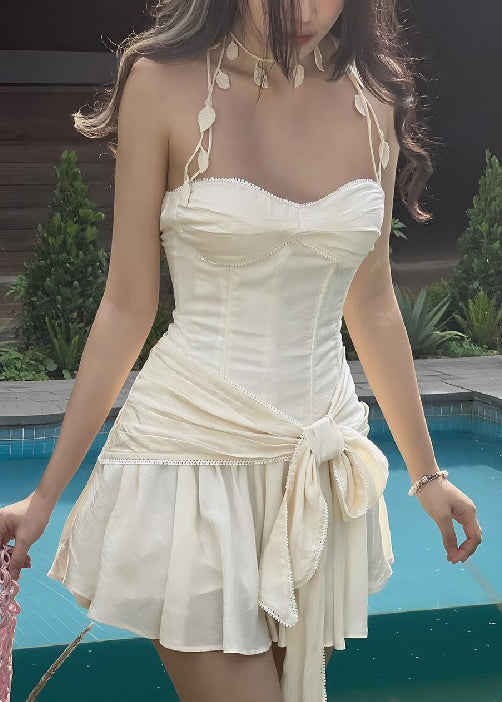 Novelty Beige Bow Original Design Cotton Mini Dresses Sleeveless YZ058 ABC