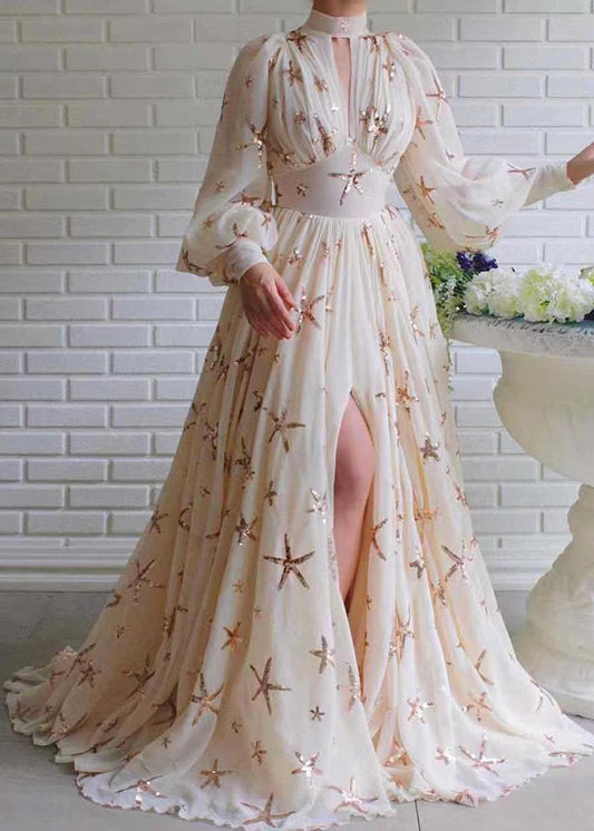 Novelty Beige Sequins Side Open Chiffon Long Dress Lantern Sleeve WW1037 Ada Fashion