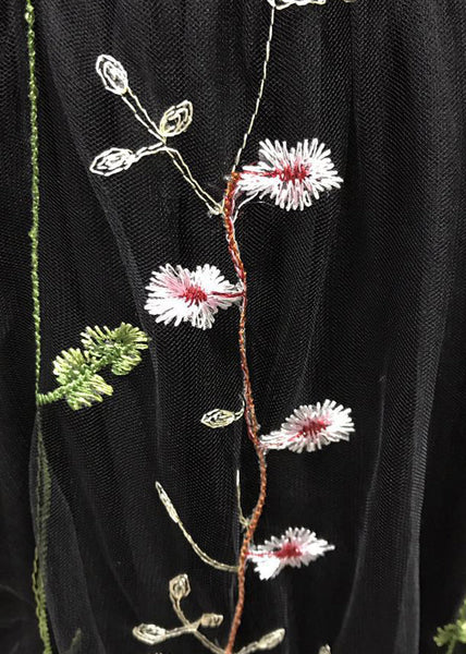 Robe longue maxi en tulle noir brodé dos nu, sans manches TL027