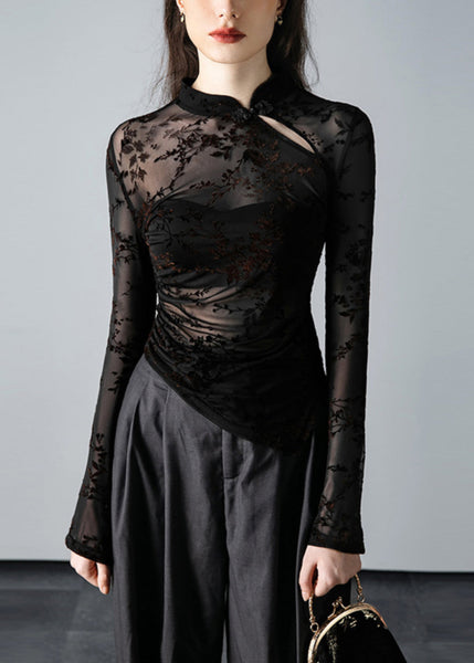 Novelty Black Stand Collar Print Tulle Top Fall AL1035 Genistyle Shop