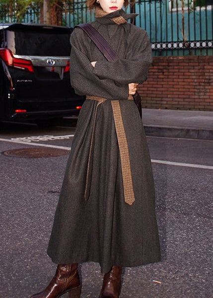 Novelty Blackish Green Turtleneck Patchwork Tie Waist Woolen Maxi Trench Coats Spring TA014