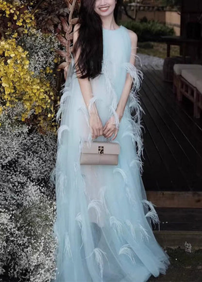 Sleeveless Robe Novelty Blue Dresses Chiffon Feather Patchwork FashionChic