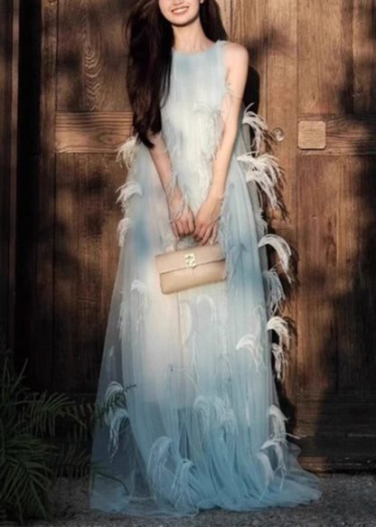 Sleeveless Robe Novelty Blue Dresses Chiffon Feather Patchwork FashionChic