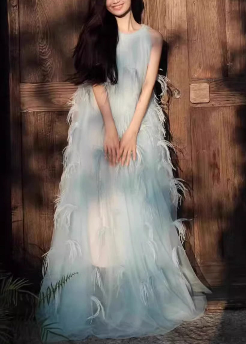 Sleeveless Robe Novelty Blue Dresses Chiffon Feather Patchwork FashionChic
