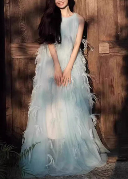 Sleeveless Robe Novelty Blue Dresses Chiffon Feather Patchwork FashionChic