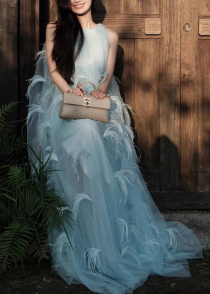 Sleeveless Robe Novelty Blue Dresses Chiffon Feather Patchwork FashionChic