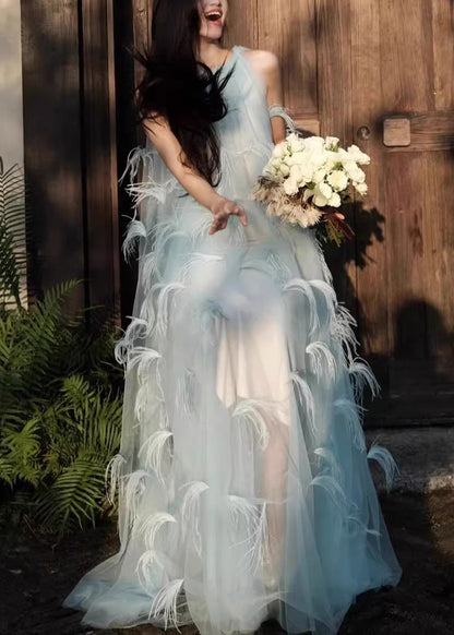 Sleeveless Robe Novelty Blue Dresses Chiffon Feather Patchwork FashionChic