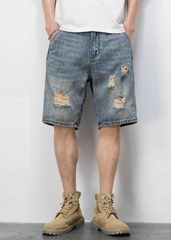 Novelty Blue Hole Pockets High Waist Denim Mens Shorts Summer YL028 ABC