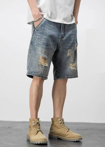 Novelty Blue Hole Pockets High Waist Denim Mens Shorts Summer YL028 ABC