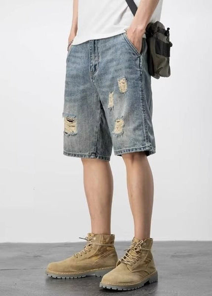 Novelty Blue Hole Pockets High Waist Denim Mens Shorts Summer YL028 ABC