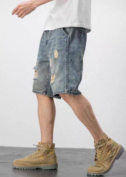 Novelty Blue Hole Pockets High Waist Denim Mens Shorts Summer YL028 ABC