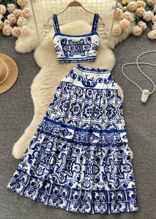 Novelty Blue Print High Waist Cotton Two Piece Set Sleeveless TR035 ZS-TPIEC240730