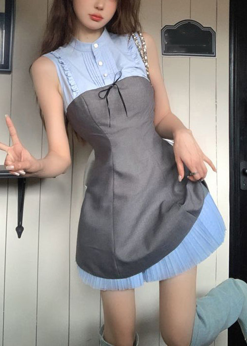 Novelty Blue Ruffled Button Patchwork Cotton Mid Dress Sleeveless ZL018 SH-LF-SDM240621