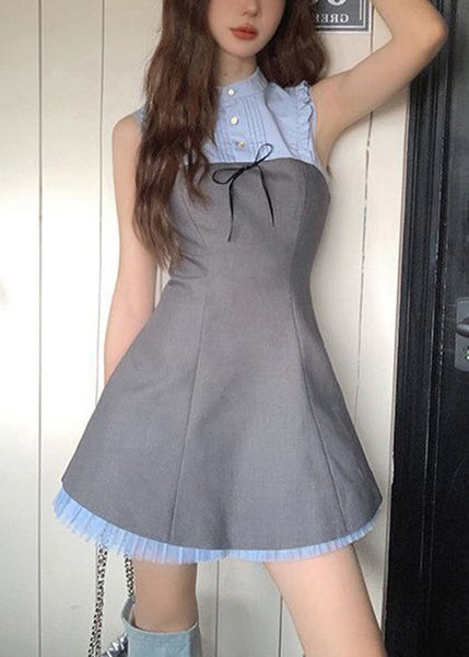 Novelty Blue Ruffled Button Patchwork Cotton Mid Dress Sleeveless ZL018 SH-LF-SDM240621