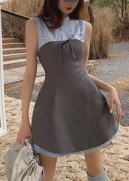 Novelty Blue Ruffled Button Patchwork Cotton Mid Dress Sleeveless ZL018 SH-LF-SDM240621