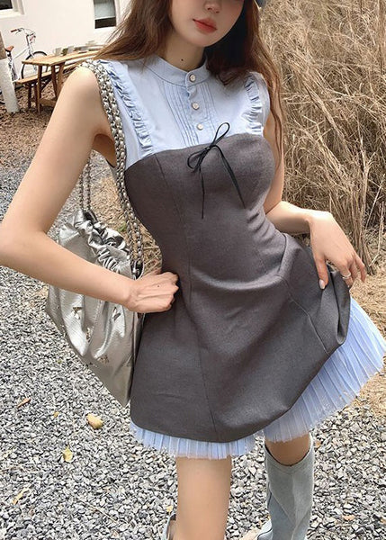 Novelty Blue Ruffled Button Patchwork Cotton Mid Dress Sleeveless ZL018 SH-LF-SDM240621