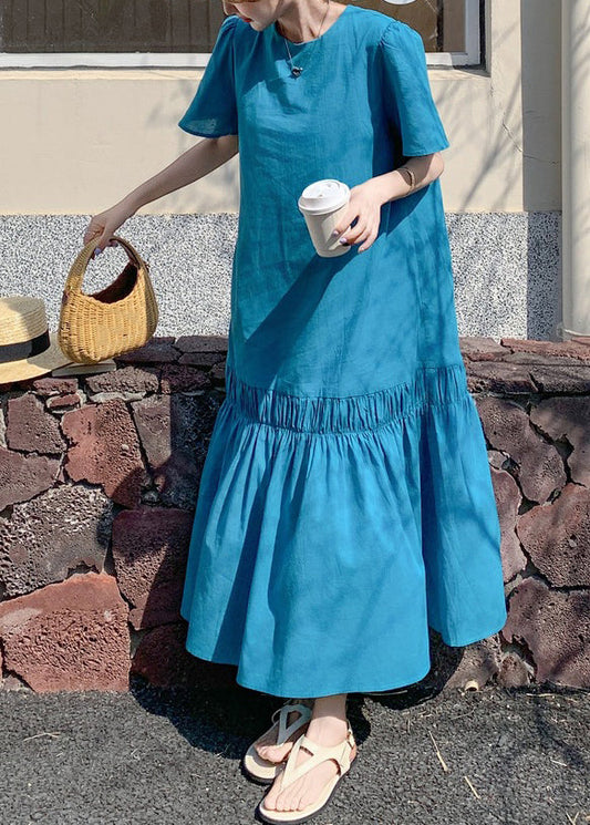 Long Out Patchwork Ruffled Summer Novelty Blue Hollow Dress Solid FashionChic