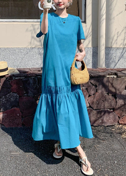Long Out Patchwork Ruffled Summer Novelty Blue Hollow Dress Solid FashionChic