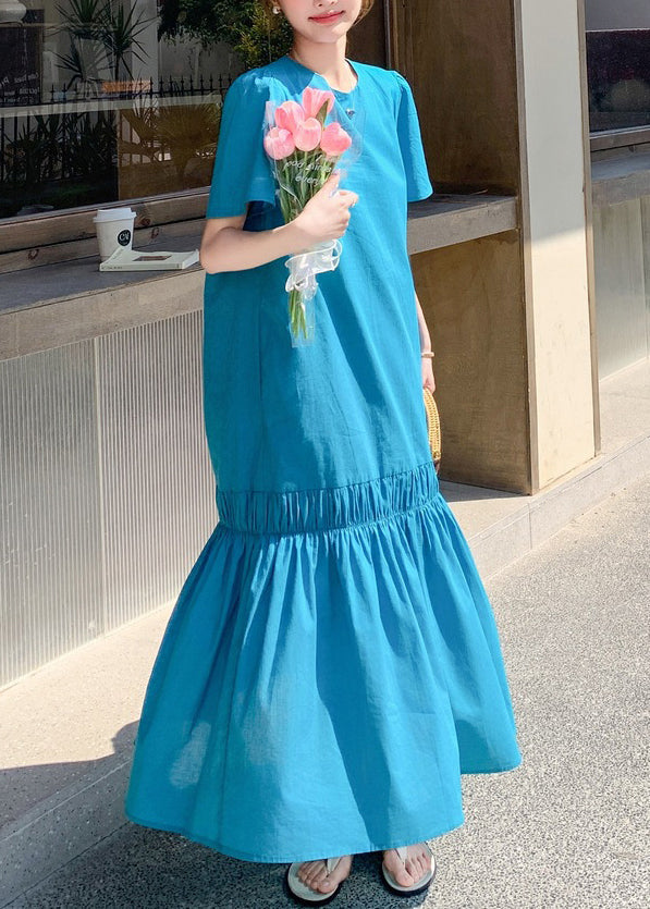 Long Out Patchwork Ruffled Summer Novelty Blue Hollow Dress Solid FashionChic