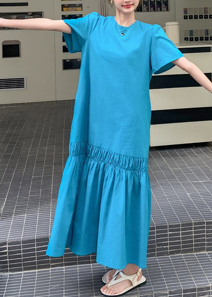Long Out Patchwork Ruffled Summer Novelty Blue Hollow Dress Solid FashionChic