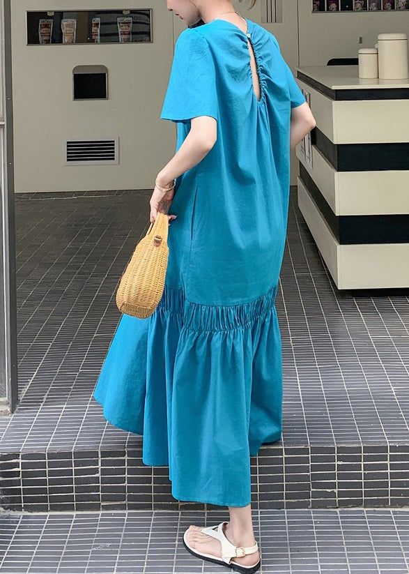 Long Out Patchwork Ruffled Summer Novelty Blue Hollow Dress Solid FashionChic