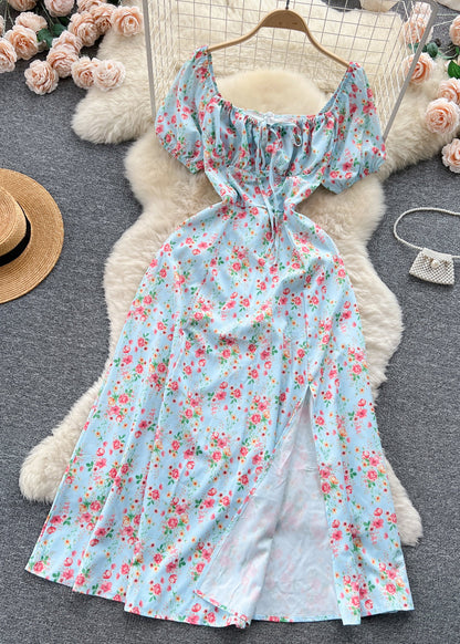 Novelty Blue Square Collar Front Side Open Cotton Long Dress Summer TR028 ZS-SDL240730