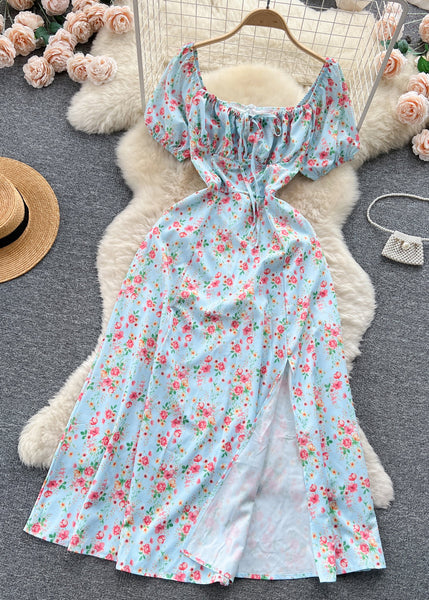 Novelty Blue Square Collar Front Side Open Cotton Long Dress Summer TR028 ZS-SDL240730