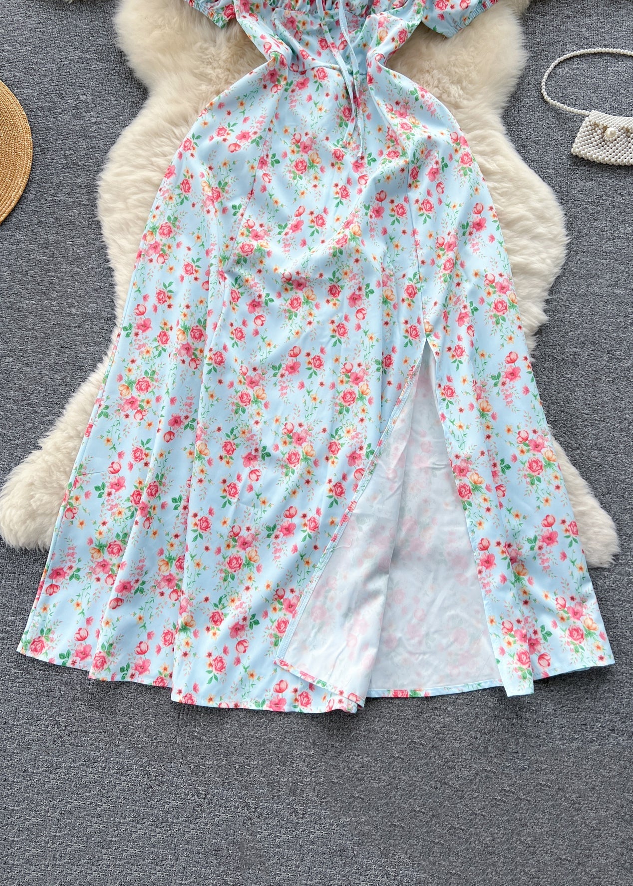 Novelty Blue Square Collar Front Side Open Cotton Long Dress Summer TR028 ZS-SDL240730