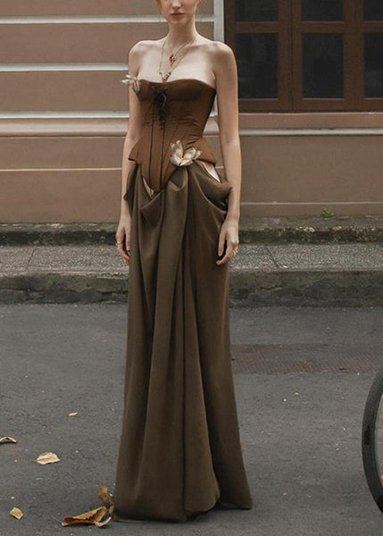 Cold Vacation Novelty Patchwork Shoulder Maxi Dresses Brown FashionChic