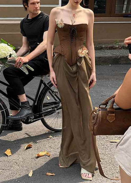 Cold Vacation Novelty Patchwork Shoulder Maxi Dresses Brown FashionChic