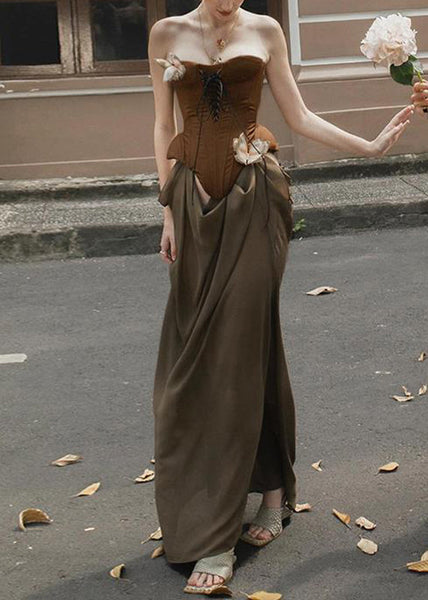 Cold Vacation Novelty Patchwork Shoulder Maxi Dresses Brown FashionChic