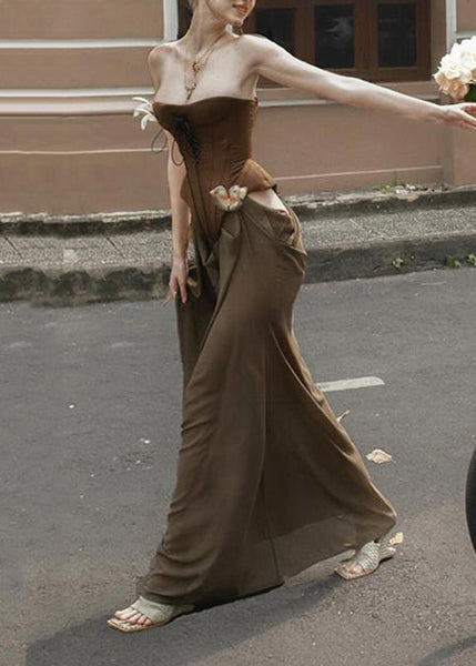 Cold Vacation Novelty Patchwork Shoulder Maxi Dresses Brown FashionChic