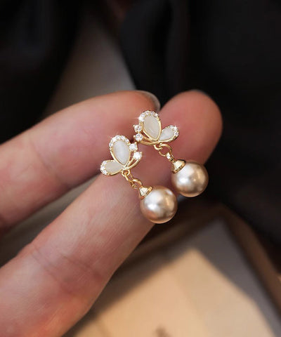 Novelty Copper Earrings Butterfly Pearl Champagne Drop Zircon FashionChic