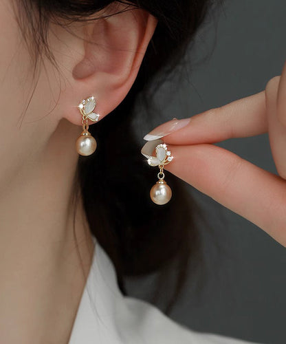 Novelty Copper Earrings Butterfly Pearl Champagne Drop Zircon FashionChic