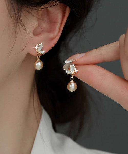 Novelty Copper Earrings Butterfly Pearl Champagne Drop Zircon FashionChic
