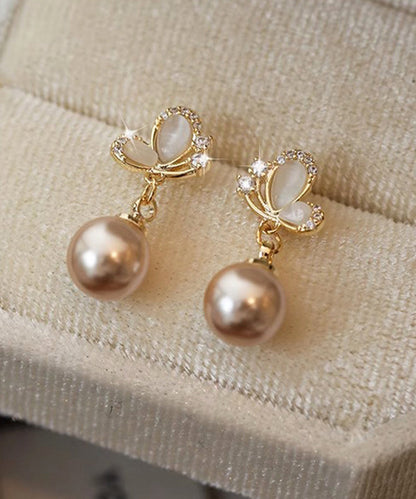 Novelty Copper Earrings Butterfly Pearl Champagne Drop Zircon FashionChic
