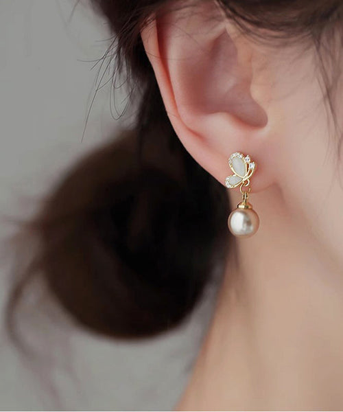 Novelty Copper Earrings Butterfly Pearl Champagne Drop Zircon FashionChic