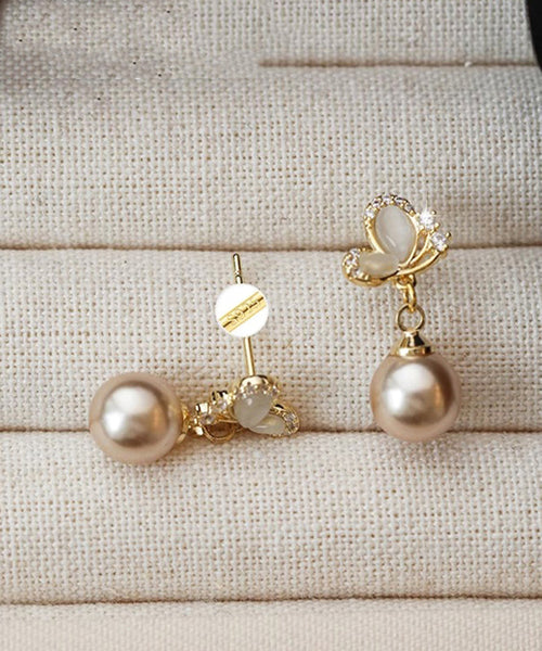 Novelty Copper Earrings Butterfly Pearl Champagne Drop Zircon FashionChic