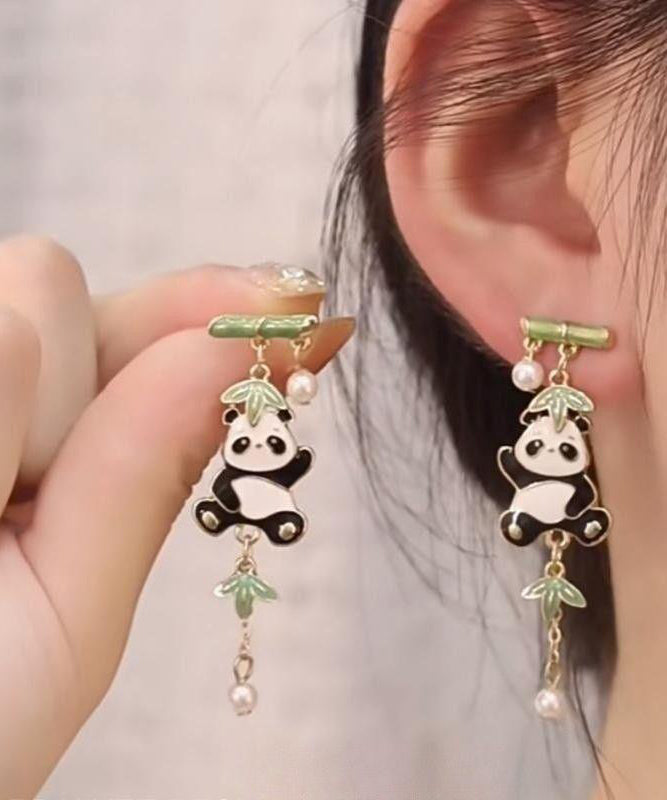 Novelty Colorblock Metal Alloy Zircon Pearl Panda Bamboo Joint Tassel Drop Earrings KX1050 Ada Fashion