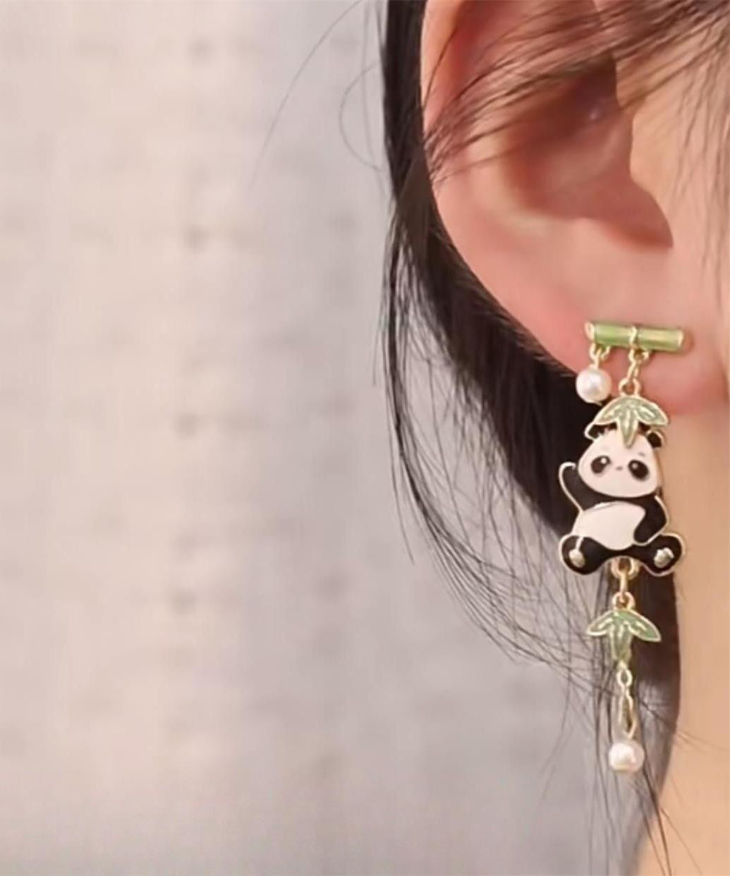 Novelty Colorblock Metal Alloy Zircon Pearl Panda Bamboo Joint Tassel Drop Earrings KX1050 Ada Fashion