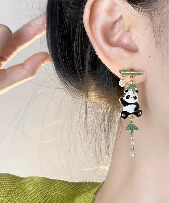 Novelty Colorblock Metal Alloy Zircon Pearl Panda Bamboo Joint Tassel Drop Earrings KX1050 Ada Fashion