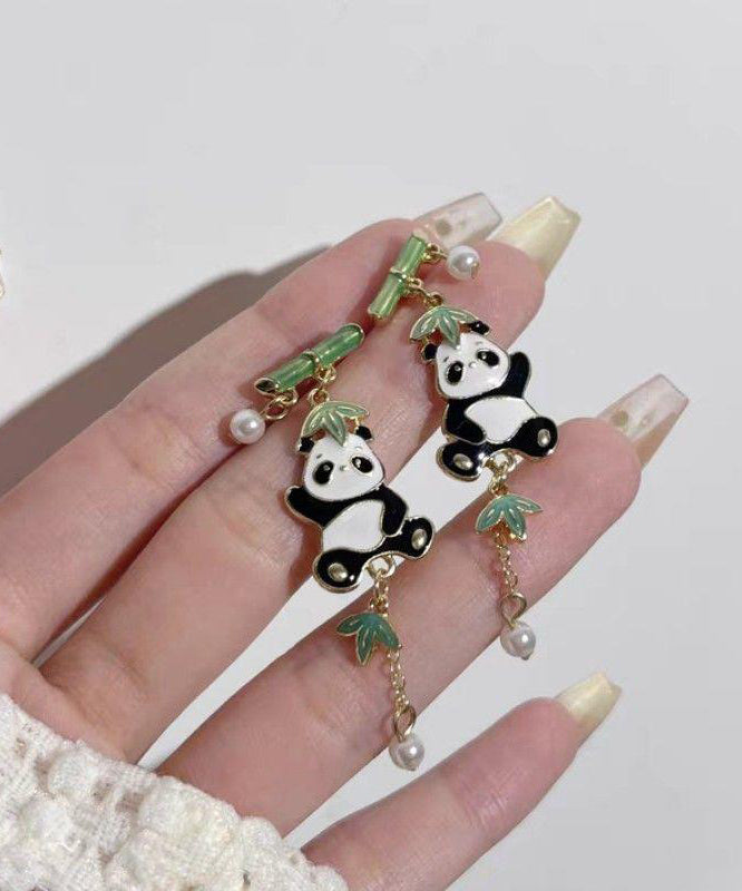 Novelty Colorblock Metal Alloy Zircon Pearl Panda Bamboo Joint Tassel Drop Earrings KX1050 Ada Fashion